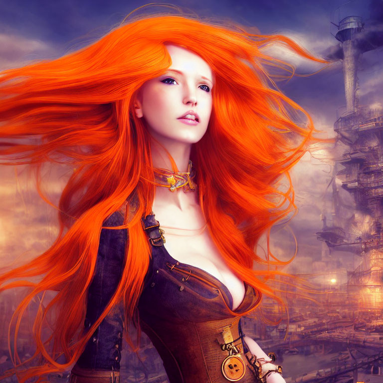 Woman with orange hair in steampunk corset against industrial backdrop