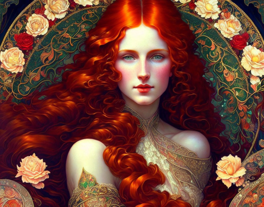 Digital Artwork: Woman with Red Hair Surrounded by Roses and Intricate Patterns