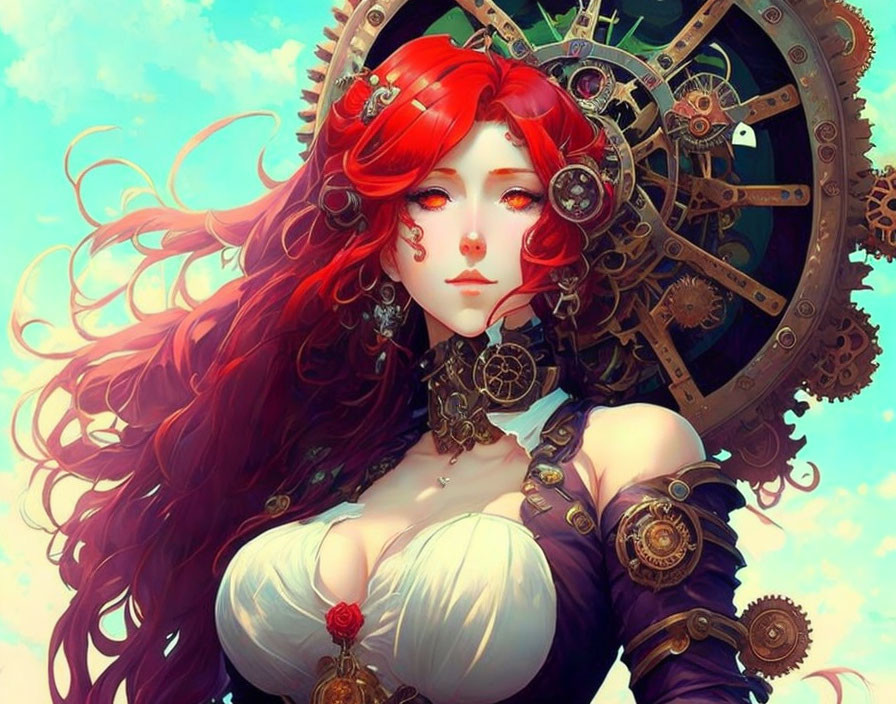 Vibrant Red-Haired Female Character in Steampunk Style