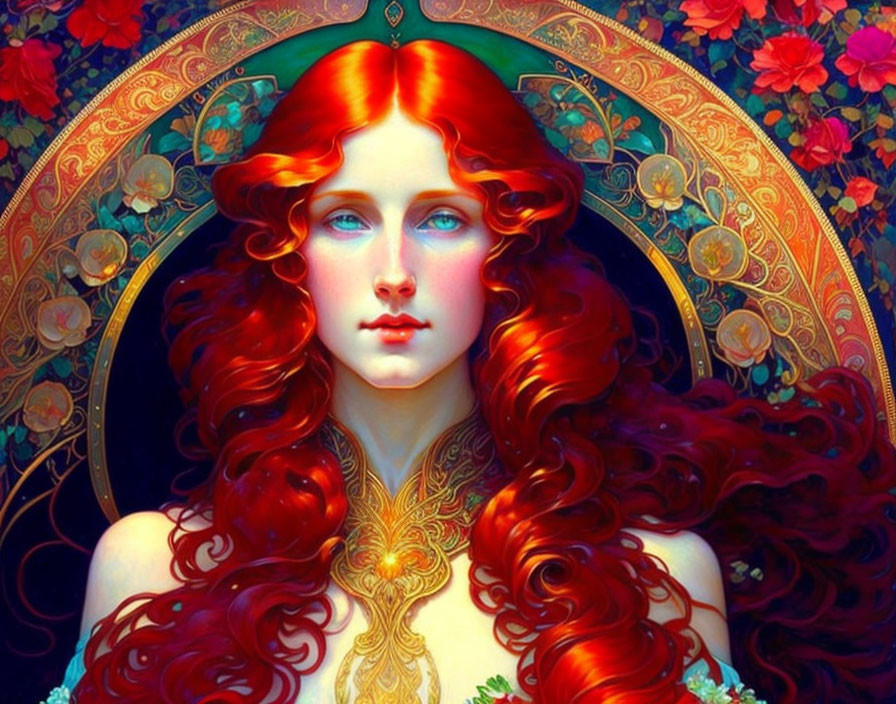 Digital Artwork: Woman with Red Hair in Art Nouveau Arch