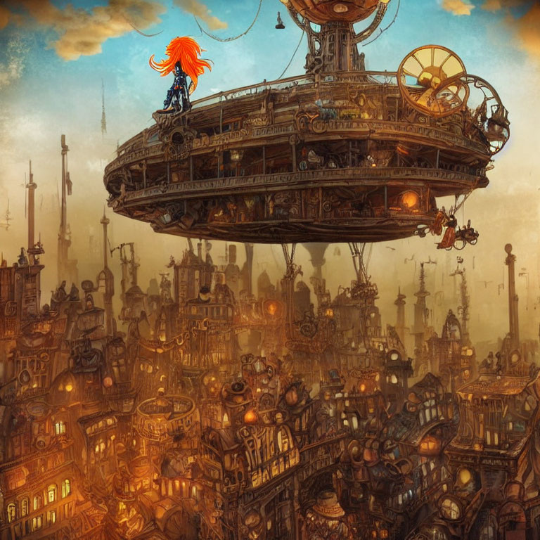 Orange-Haired Character on Steampunk Airship Observing Cityscape