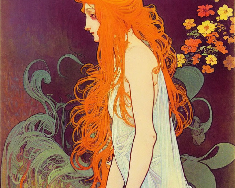 Art Nouveau Style Illustration of Woman with Red Hair and Floral Patterns