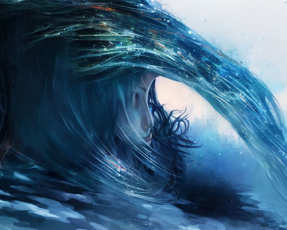 Digital painting of person with aqua-toned hair merging with water