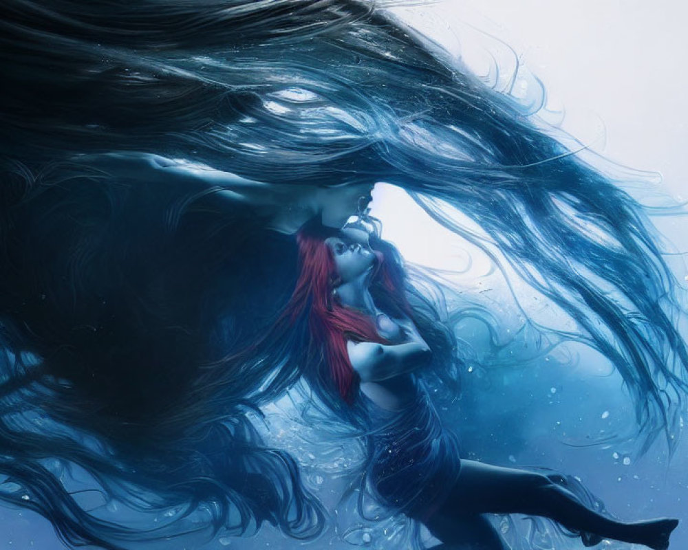 Woman with flowing dark hair in serene underwater scene