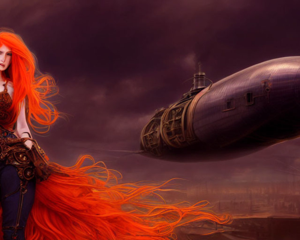 Vibrant orange-haired woman in steampunk attire under cloudy sky with airship