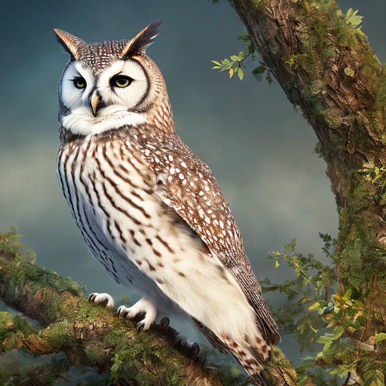 Owl perched on tree branch against blue misty background