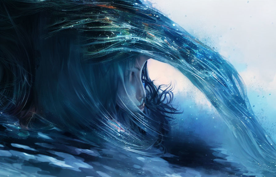 Digital painting of person with aqua-toned hair merging with water