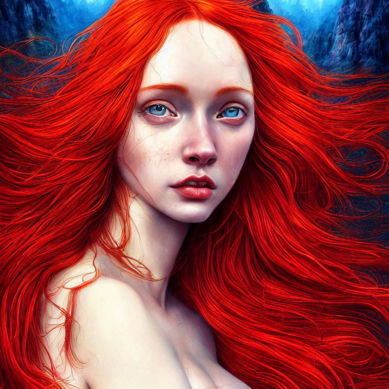 Vibrant digital artwork: Woman with red hair and blue eyes on blue backdrop