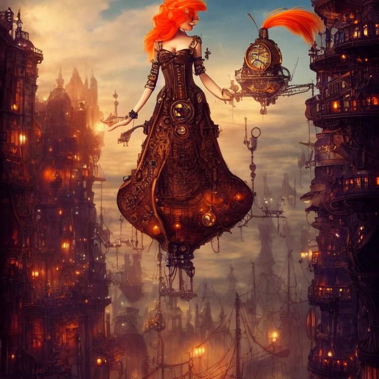 Steampunk-inspired female character with vibrant orange hair in intricate cityscape