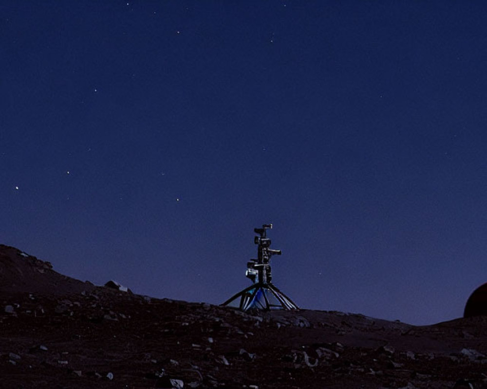 Robotic lander on lunar landscape with crimson planet in starry sky