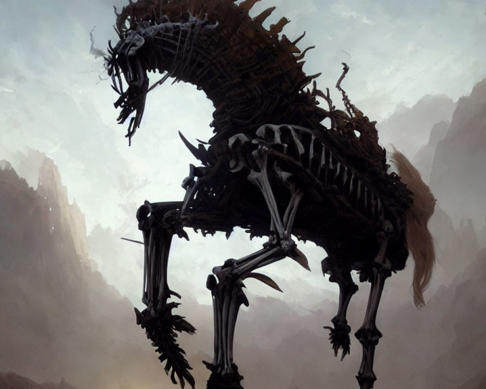Mythical horse-like creature skeleton in misty landscape