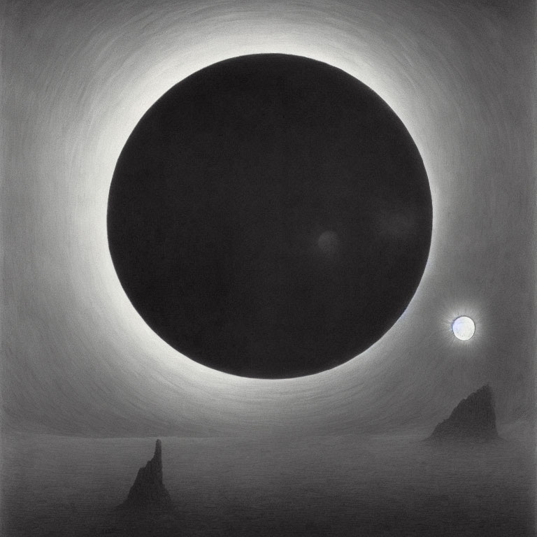 Detailed graphite drawing of a solar eclipse with radiant corona and rocky outcrops
