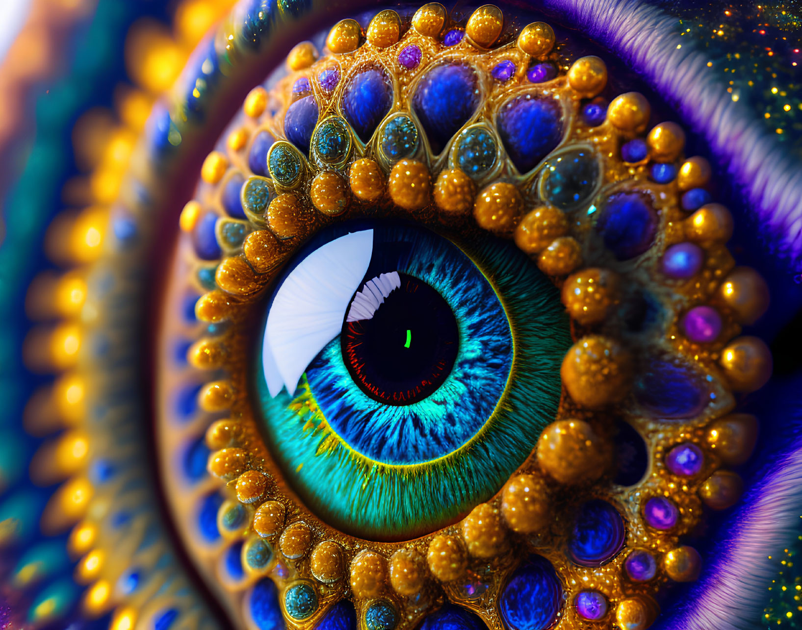 Close-up of vibrant blue eye with golden orbs in colorful ambiance