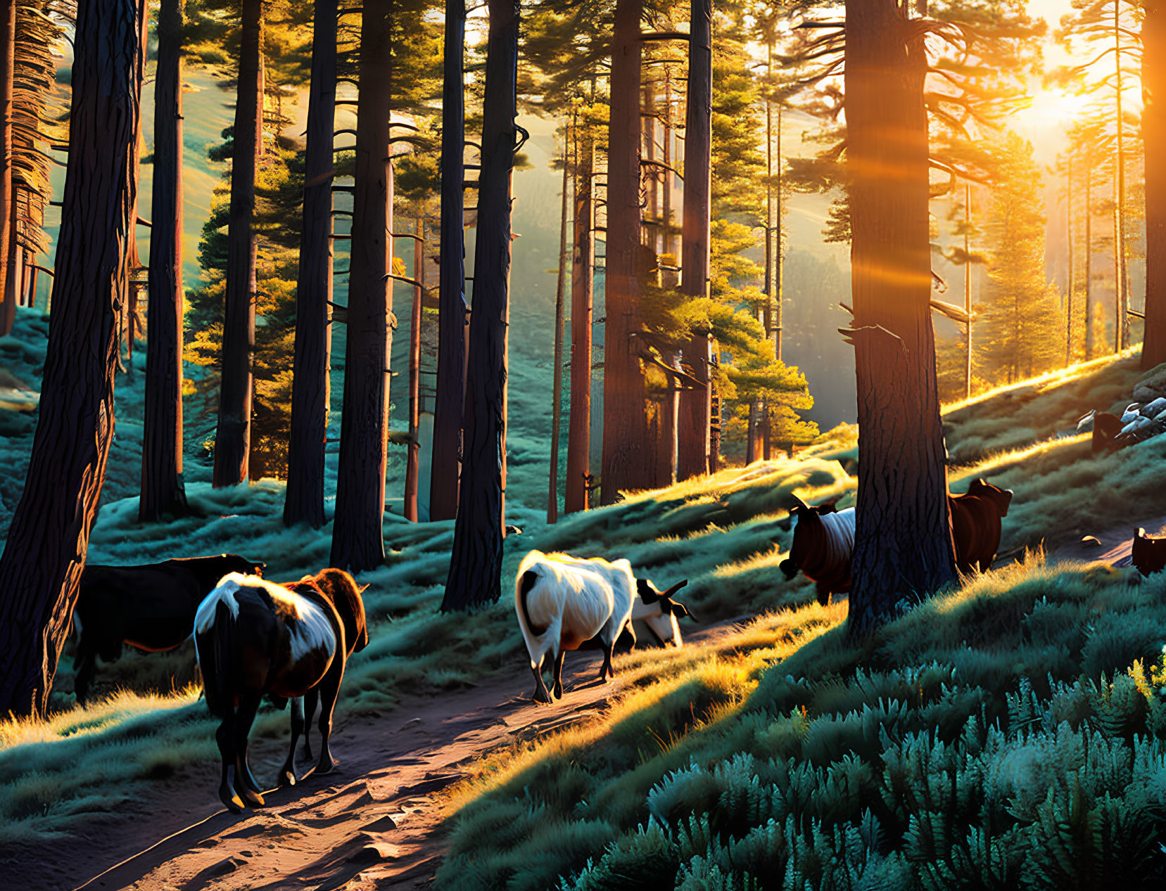 Goats in sunlit forest with tall pines and lush grass