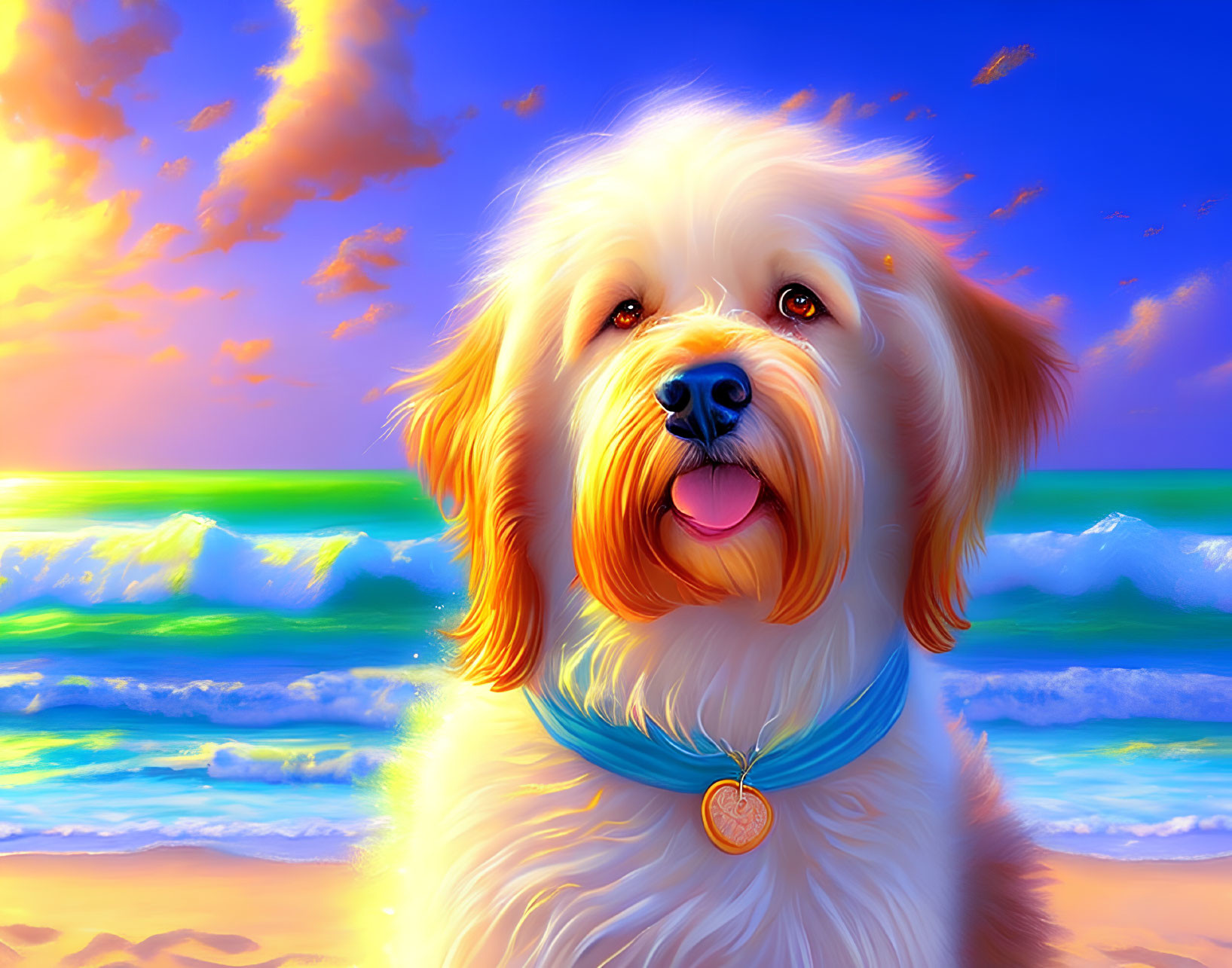 Fluffy Golden Dog with Blue Collar in Vibrant Beachscape