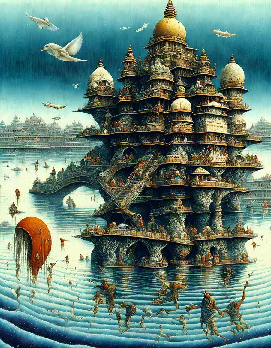 Detailed painting of ornate tower surrounded by water and animals under moody sky