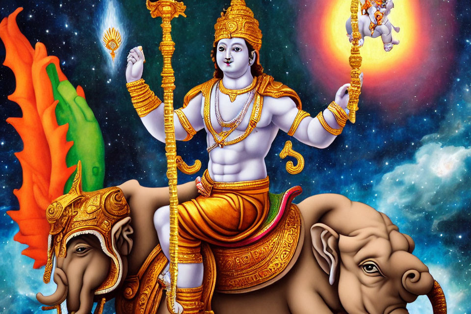 Vibrant Lord Vishnu illustration on elephant with cosmic backdrop
