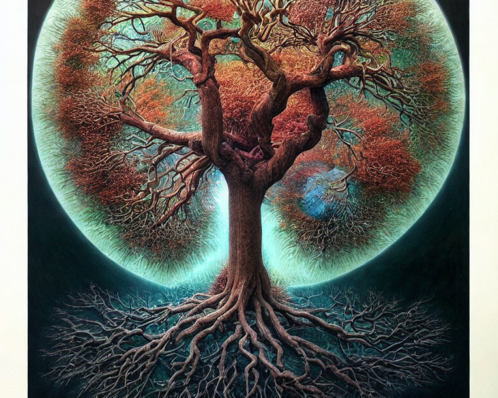 Colorful tree artwork with red and orange leaves, detailed trunk, roots, and glowing moon.