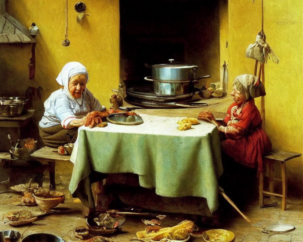 Traditional Attire Women Peeling Vegetables at Kitchen Table