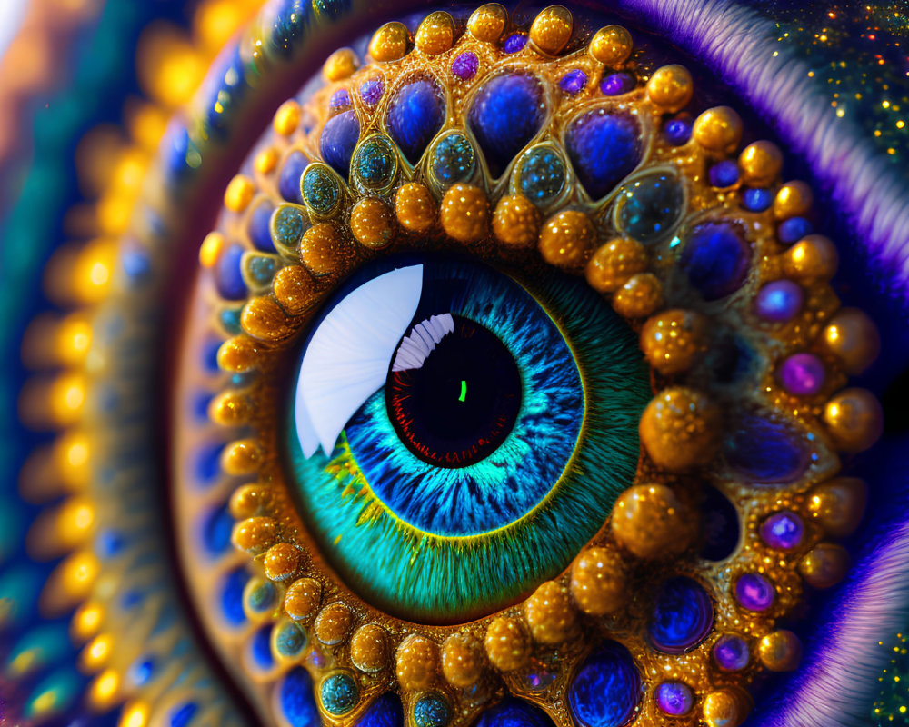 Close-up of vibrant blue eye with golden orbs in colorful ambiance