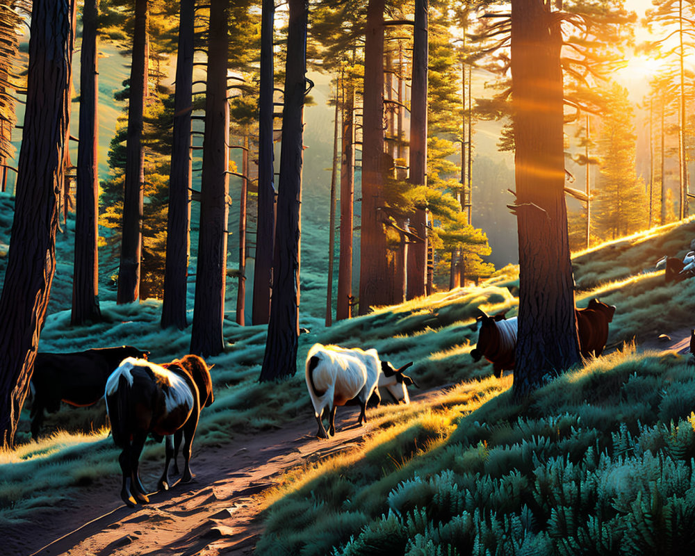 Goats in sunlit forest with tall pines and lush grass