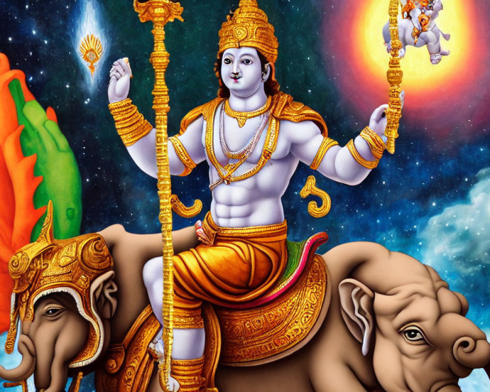 Vibrant Lord Vishnu illustration on elephant with cosmic backdrop