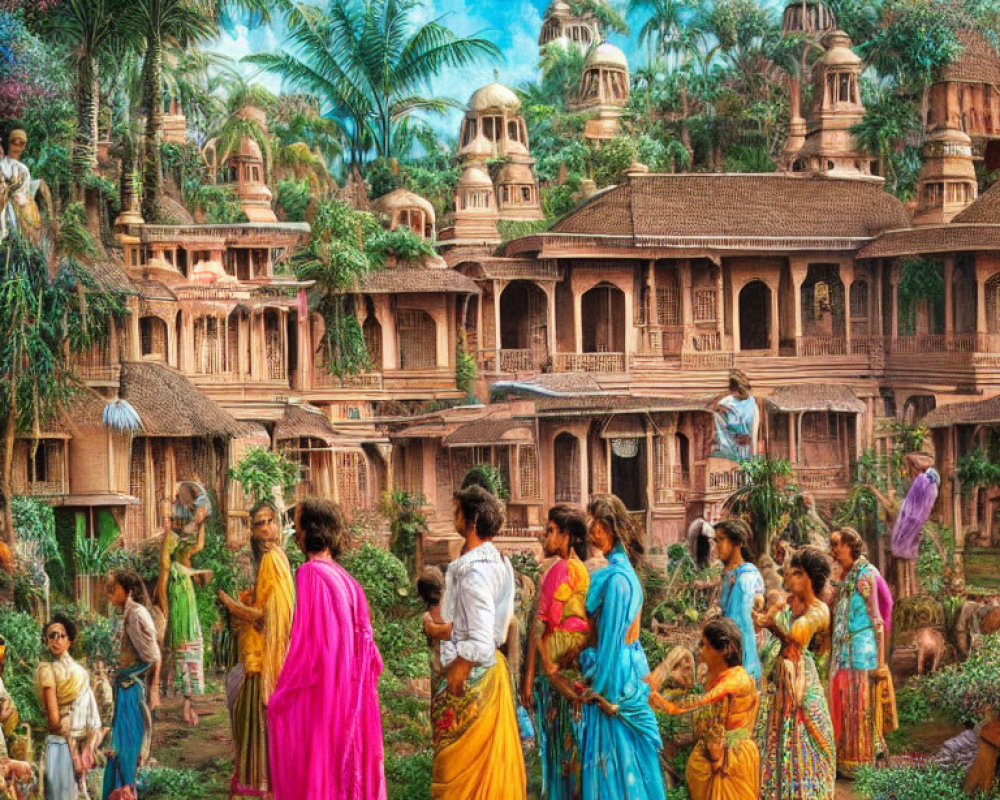 Traditional Indian village scene with colorful clothing, intricate architecture, and lush greenery