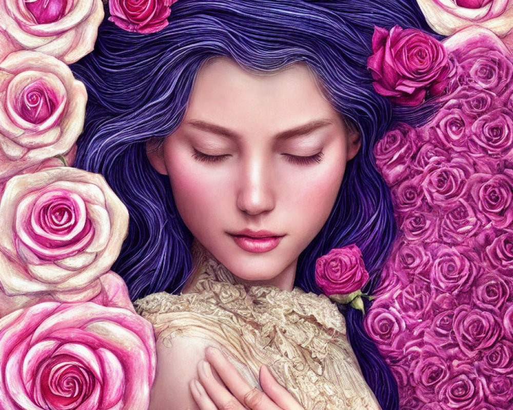 Illustration of woman with purple hair surrounded by pink and purple roses