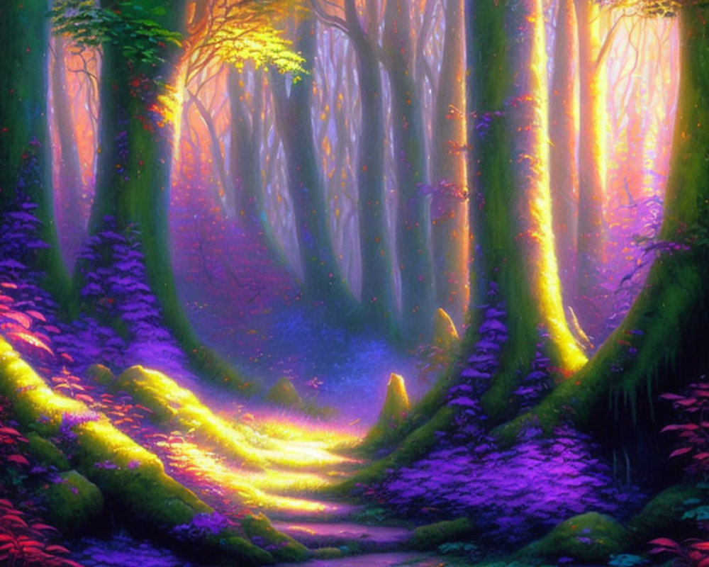 Vibrant purple forest with sunlight and green moss: a dreamlike scene