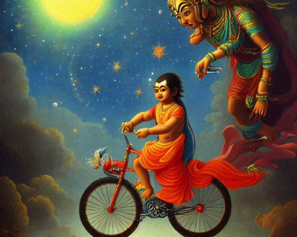 Child Riding Bicycle with Colorful Mythical Figure