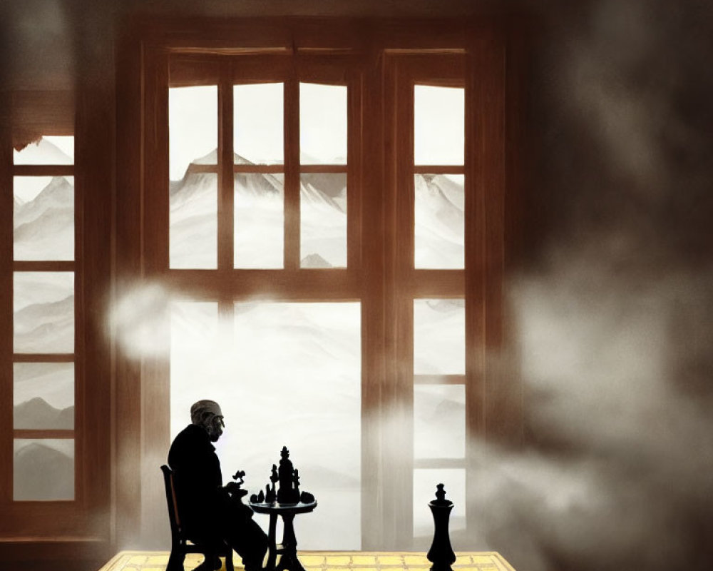 Person playing chess near window with snowy mountain view
