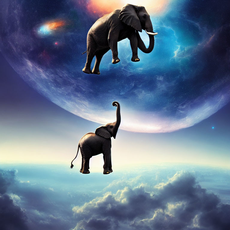 Elephants on curved celestial landscape in cosmic space