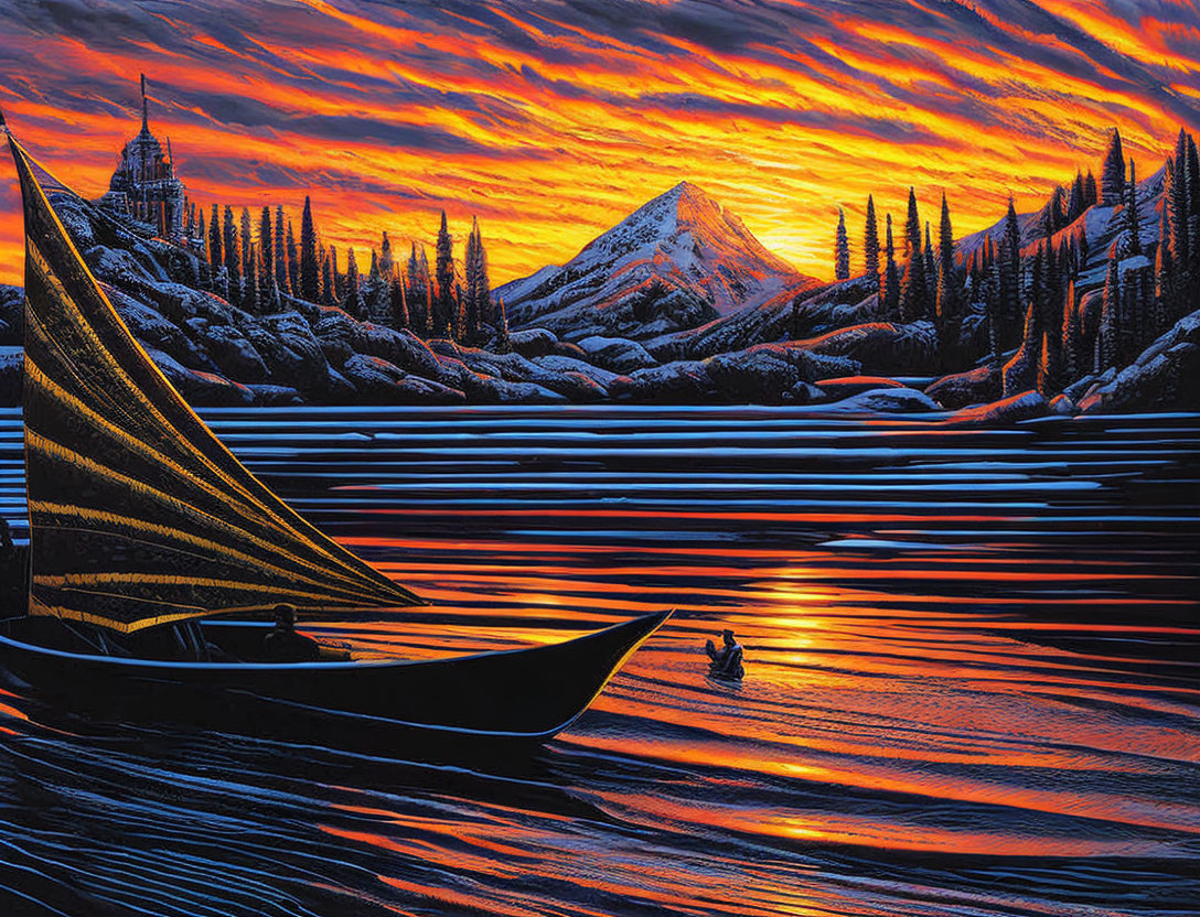 Traditional boat on shimmering lake with snowy mountains and vibrant sunset