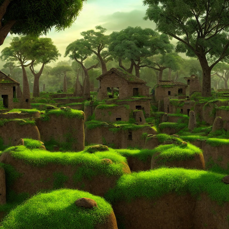 Overgrown ancient village in forest with moss-covered stone structures