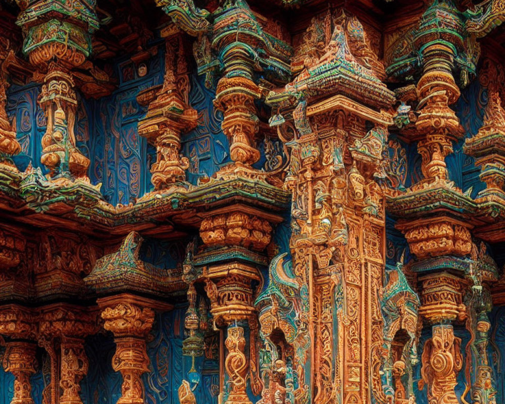 Colorful Carved Temple Facade with Indian Design Elements