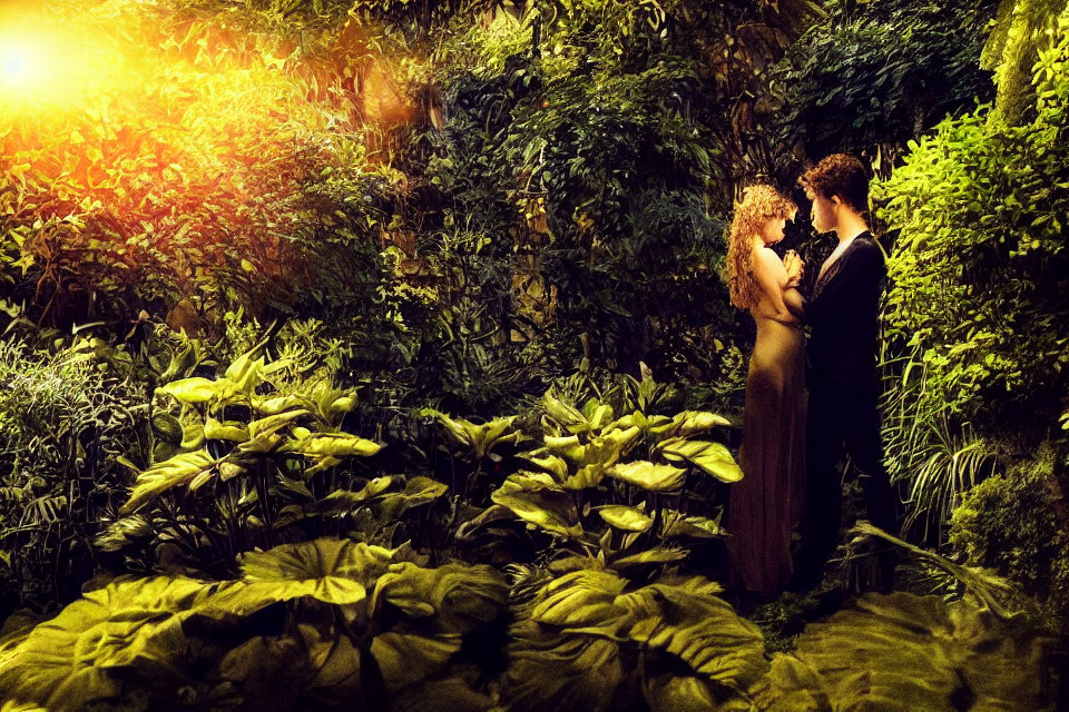 Romantic couple embrace in lush garden with warm lighting