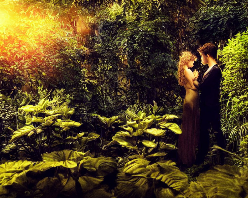 Romantic couple embrace in lush garden with warm lighting