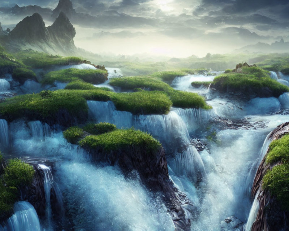 Tranquil fantasy landscape with waterfalls, greenery, and mystical mountains