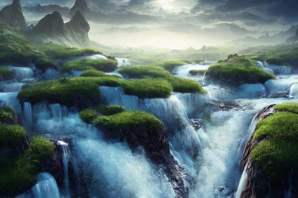 Tranquil fantasy landscape with waterfalls, greenery, and mystical mountains