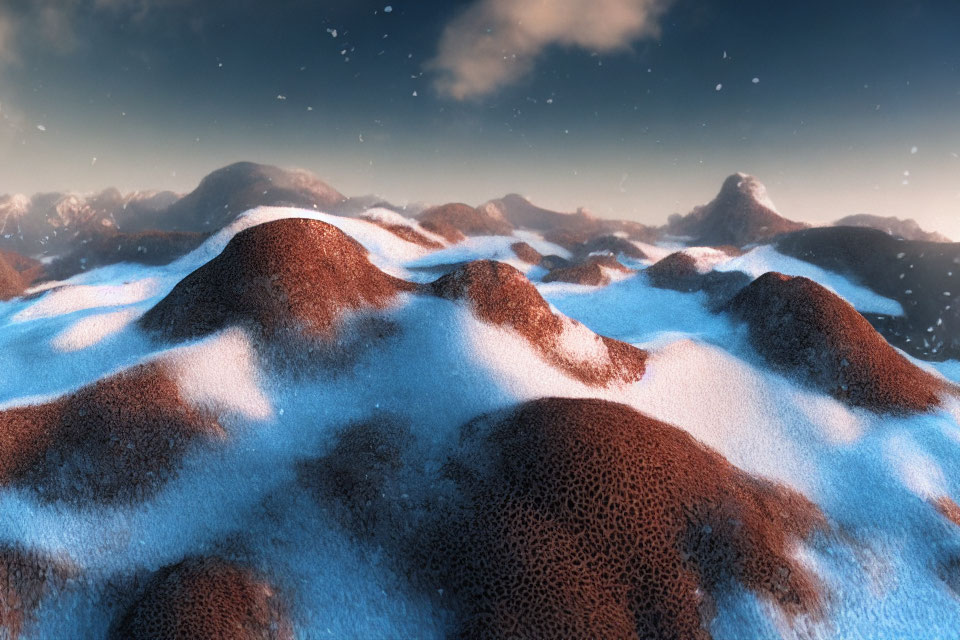 Scenic snow-covered brown hills under blue sky with floating white particles