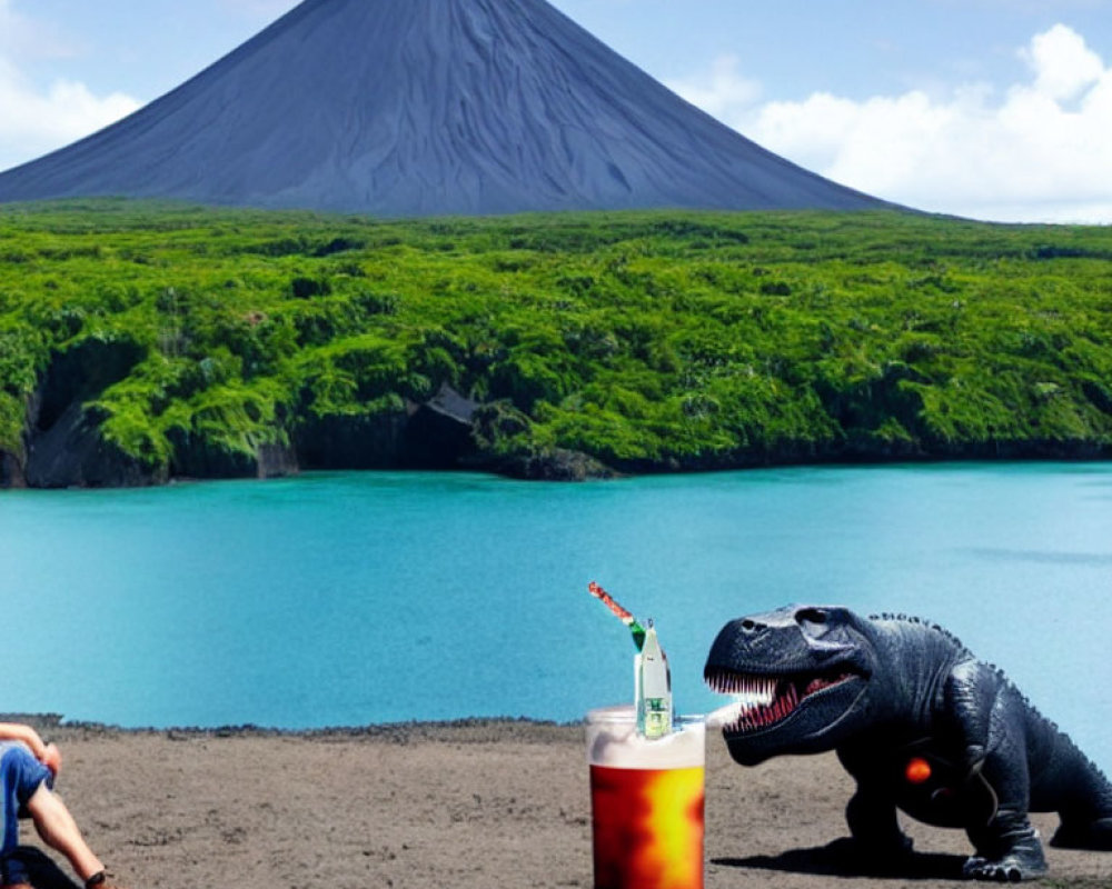 Person with toy dinosaur by blue lake and volcano in lush green landscape