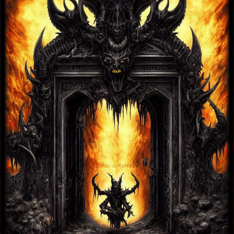 Dark fantasy artwork: Fiery gate with demonic figures and skulls