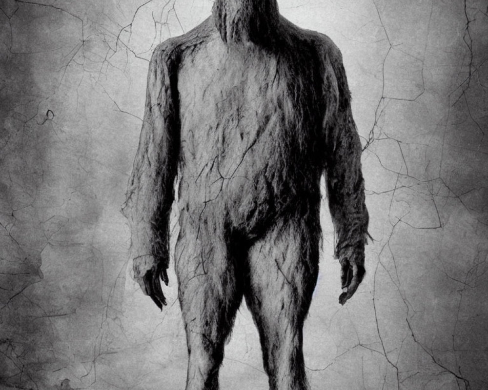 Monochrome image of creature resembling Bigfoot with skull-like face on textured background