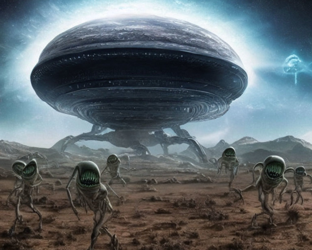 Eerie alien creatures with large heads on desolate landscape