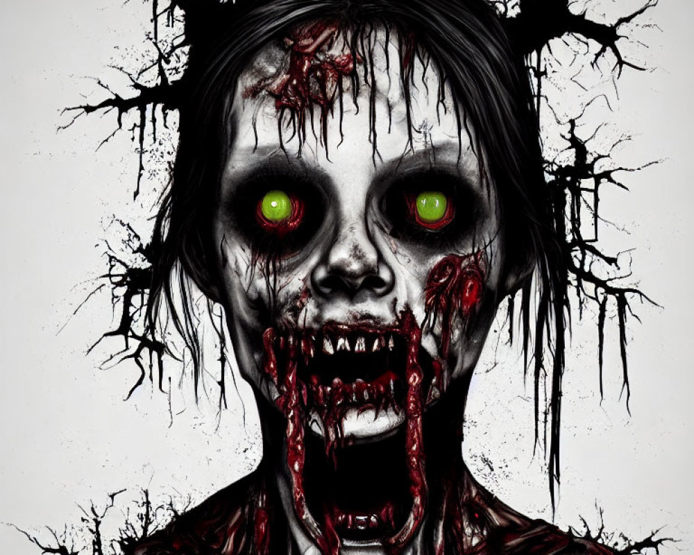 Dark zombie illustration with jagged teeth and blood, against eerie backdrop.