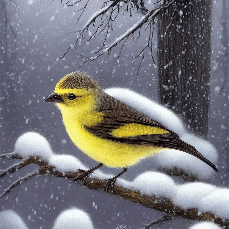 Yellow bird on snowy branch with falling snowflakes and blurred winter background