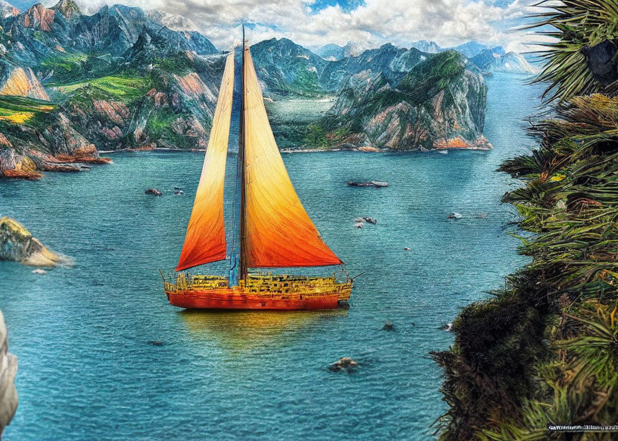 Colorful sailboat sailing in blue sea with green mountains and cloudy sky