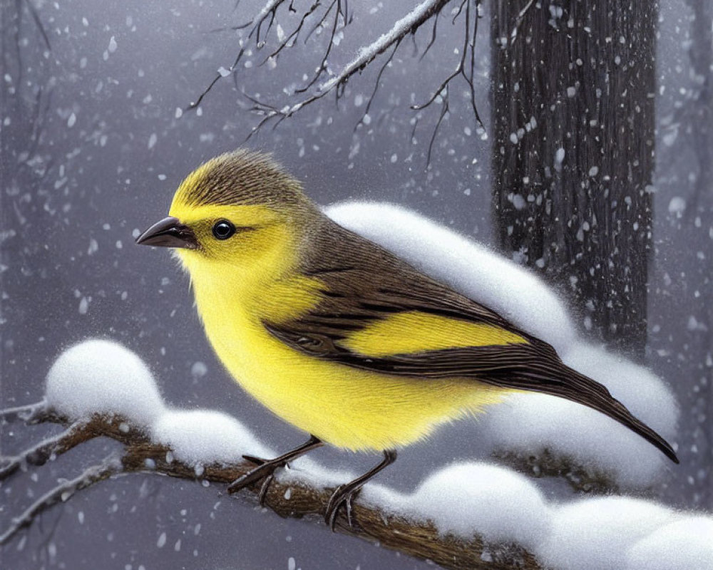 Yellow bird on snowy branch with falling snowflakes and blurred winter background