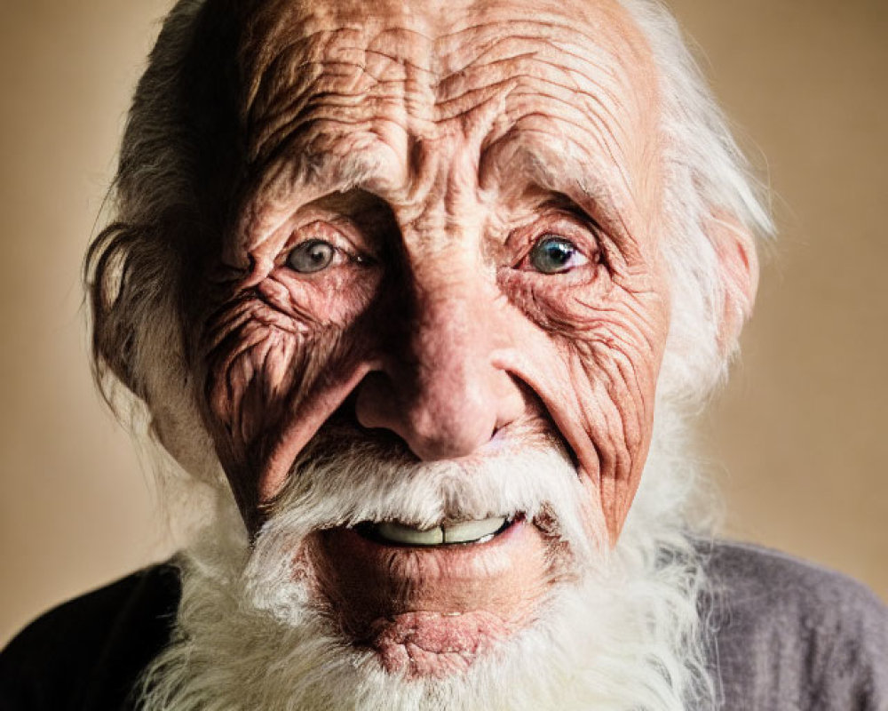 Elderly man with blue eyes and white beard smiling on warm backdrop