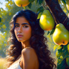 Brown-haired woman surrounded by ripe pears and greenery under sunlight